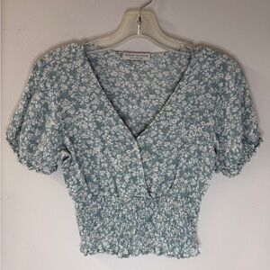 Paper Crane Floral Smocked Waist V-Neck Top in Sage Green